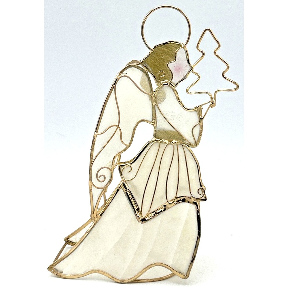 Vintage Capiz Shell‎ Angel Ornament Or Freestanding Delicate Gold Filigree